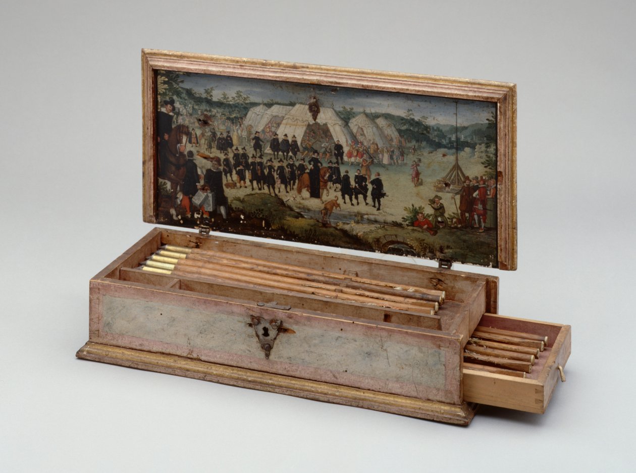 Caixa de parafusos de besta pertencente ao Príncipe Otto von Hesse, 1615 (madeira pintada) (ver também 312141-43) de German School