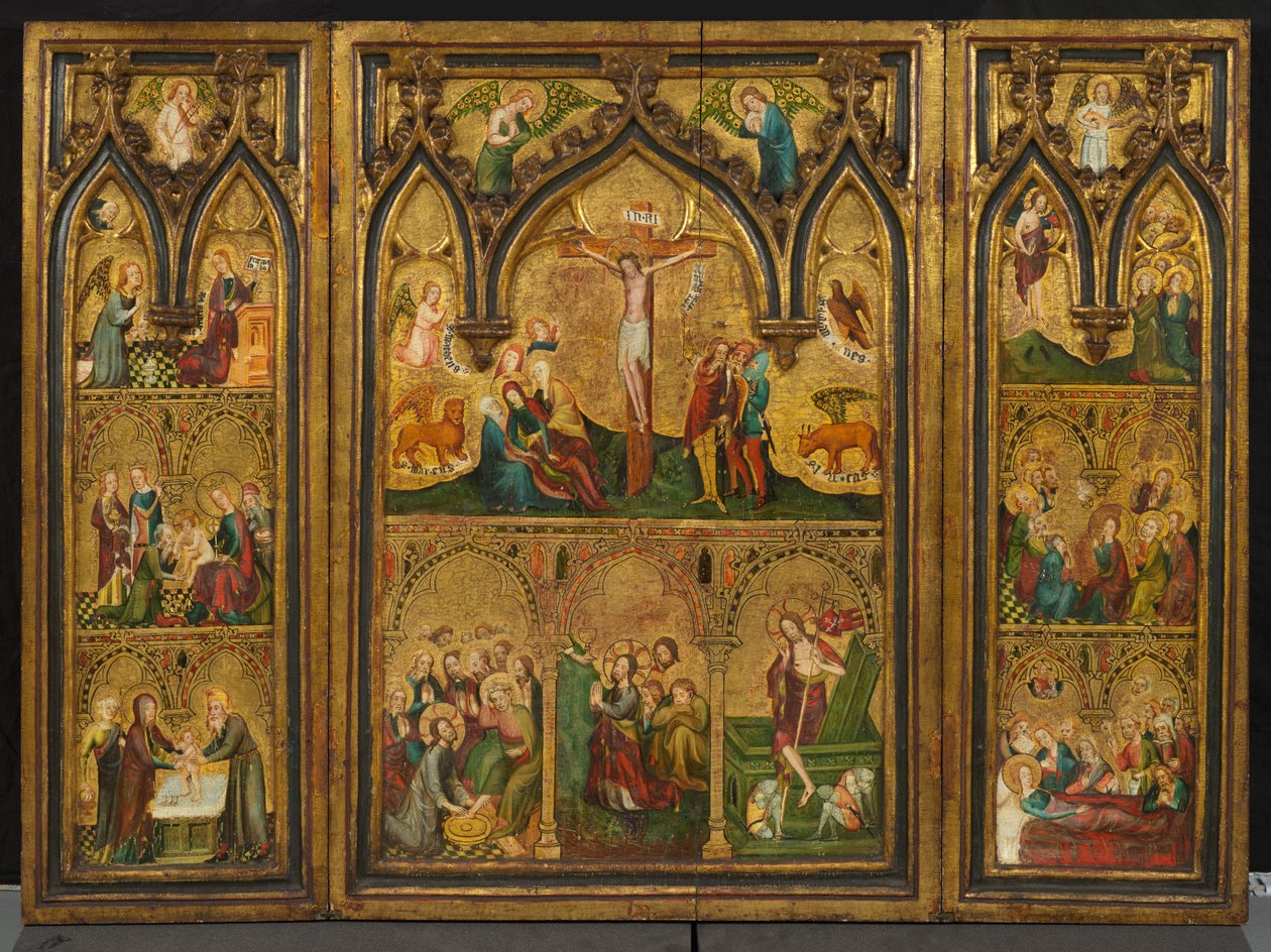 Tríptico da crucificação (anteriormente conhecido como Tríptico de Estouteville), c.1374 (tempera no painel) de German School