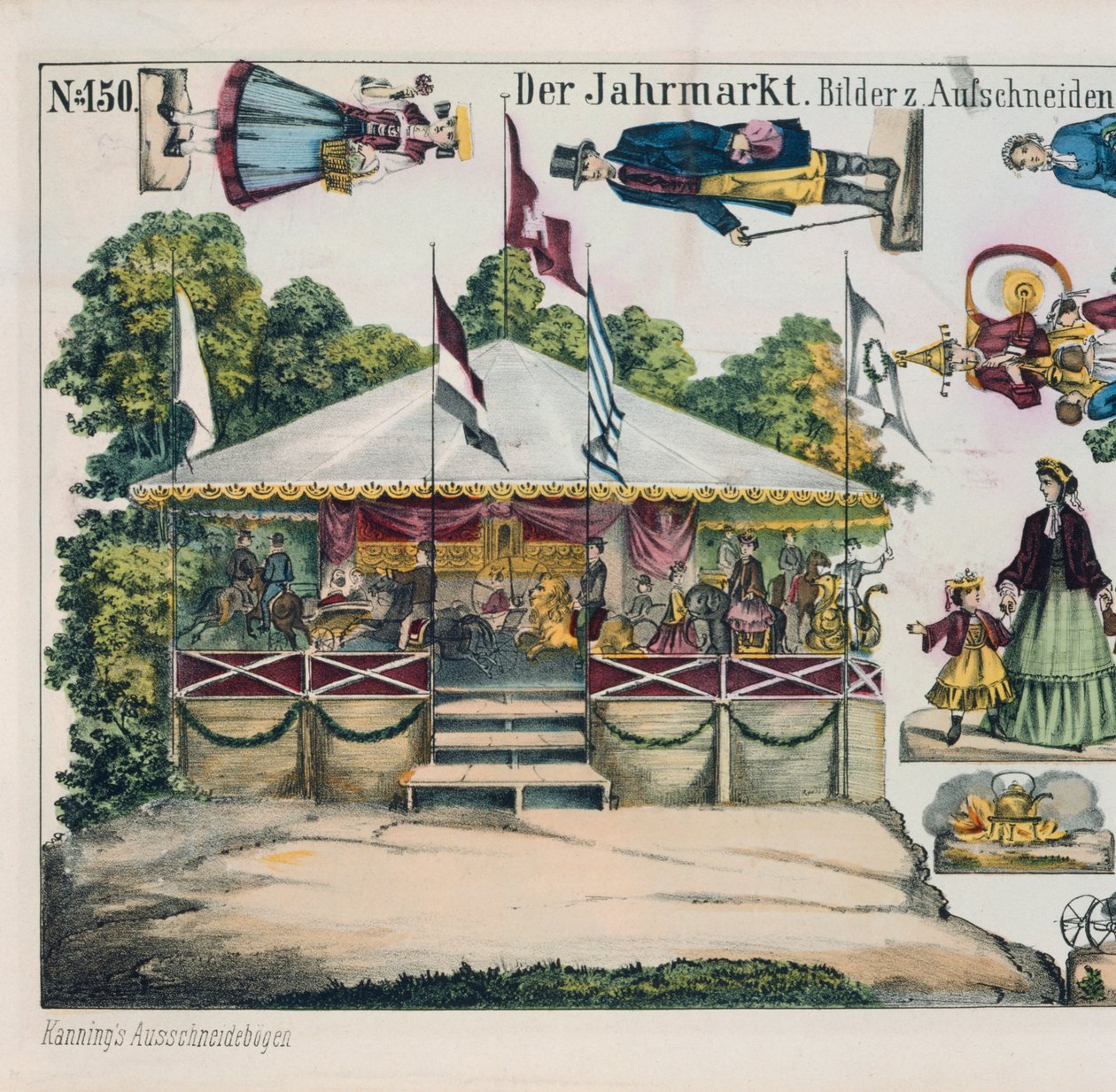 Recorte de folha com um carrossel de parque de diversões, publicado pela Kanning, 1860 de German School
