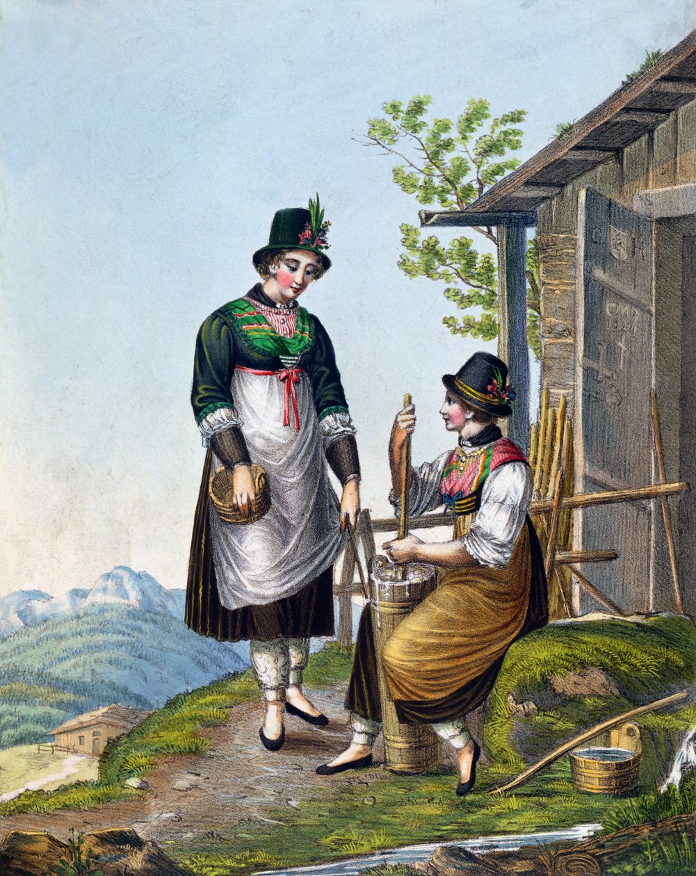 Dairymaids nos Alpes perto de Tegernsee, início do século XIX (gravura a cores) de German School
