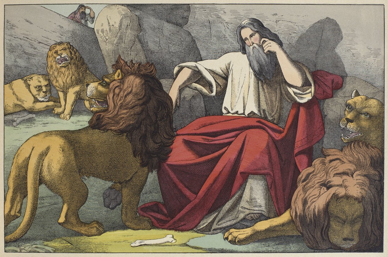 Daniel no covil dos leões, ilustração de LAncien Testament, publicado por Jakob Ferdinand Schreiber, Esslingen (gravura a cores) de German School