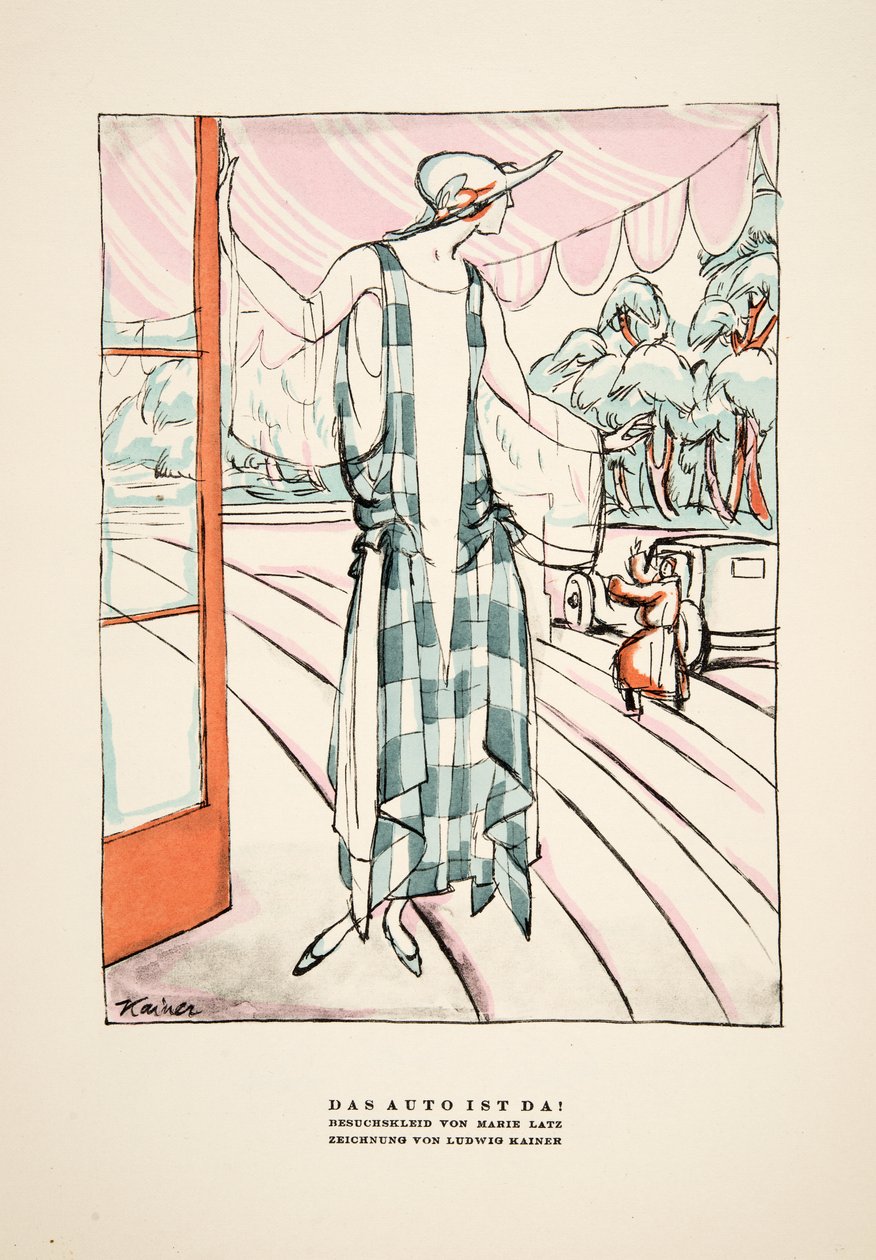 "Das Auto Ist Da!", anúncio de um vestido de Marie Latz, de Styl, pub.1922 (gravura em pochoir) de German School