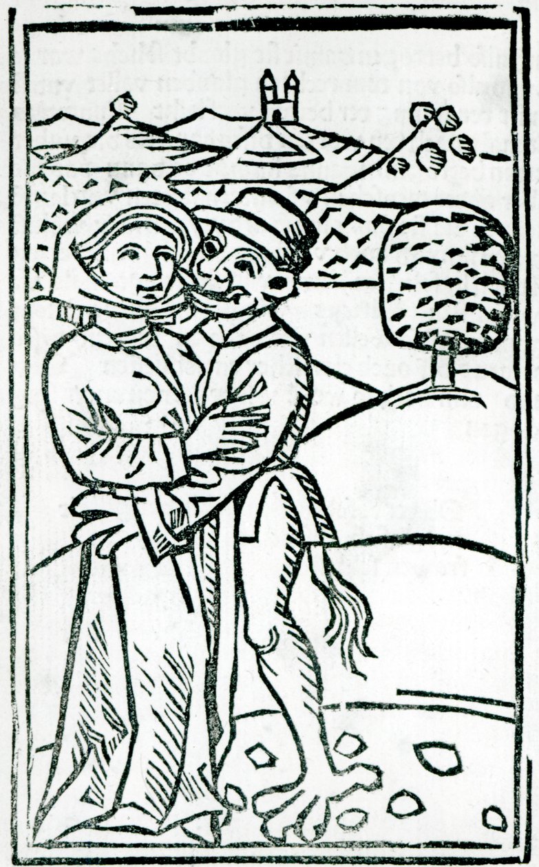 Demônio fazendo amor com uma bruxa (impressão em xilogravura) de German School