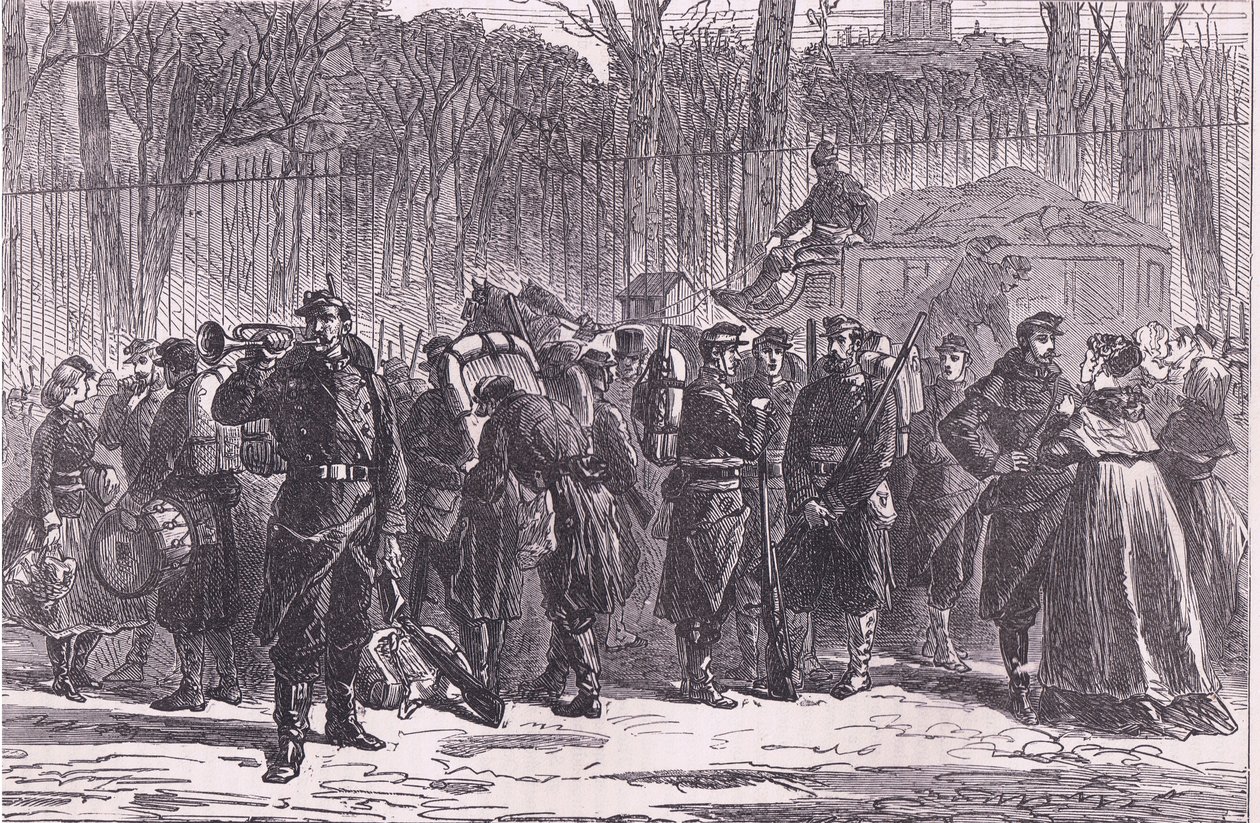 Saída do 10º Regimento de Guardas Nacionais para postos avançados, História da Guerra entre a França e a Alemanha publicada por Cassell and Company Limited, c.1890 (litho) de German School
