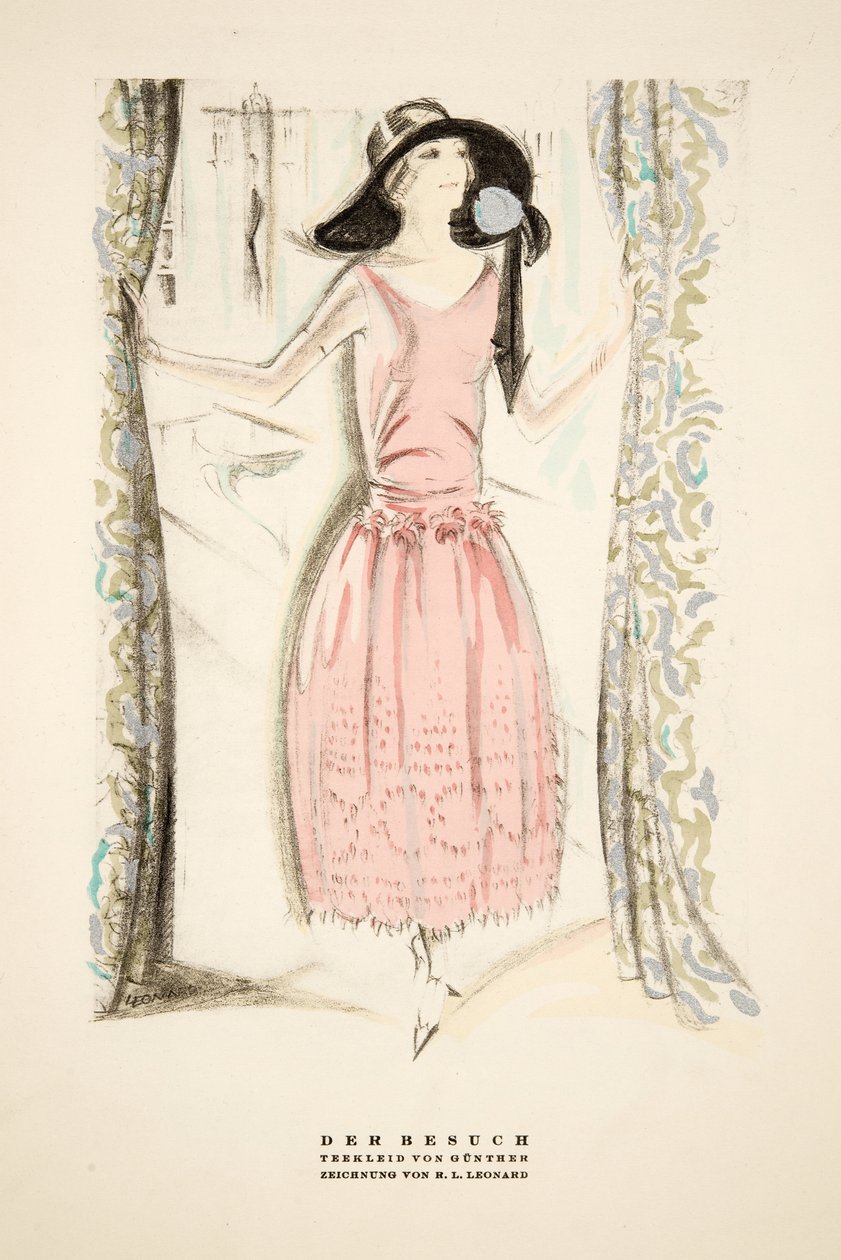 Der Besuch", vestido de chá de Gunther, de Styl, pub.1922 (gravura em pochoir) de German School