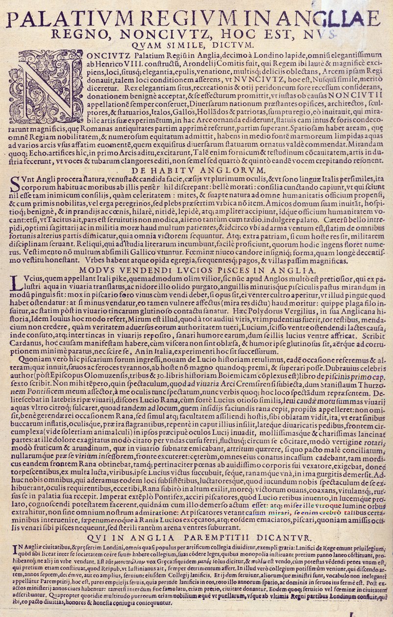 Descrição do Palácio de Nonesuch, ingleses, sua aparência e costumes, maneira de vender peixe na Inglaterra e descrição do sistema de aprendizagem, 1598 (papel impresso) (ver também 3 de German School