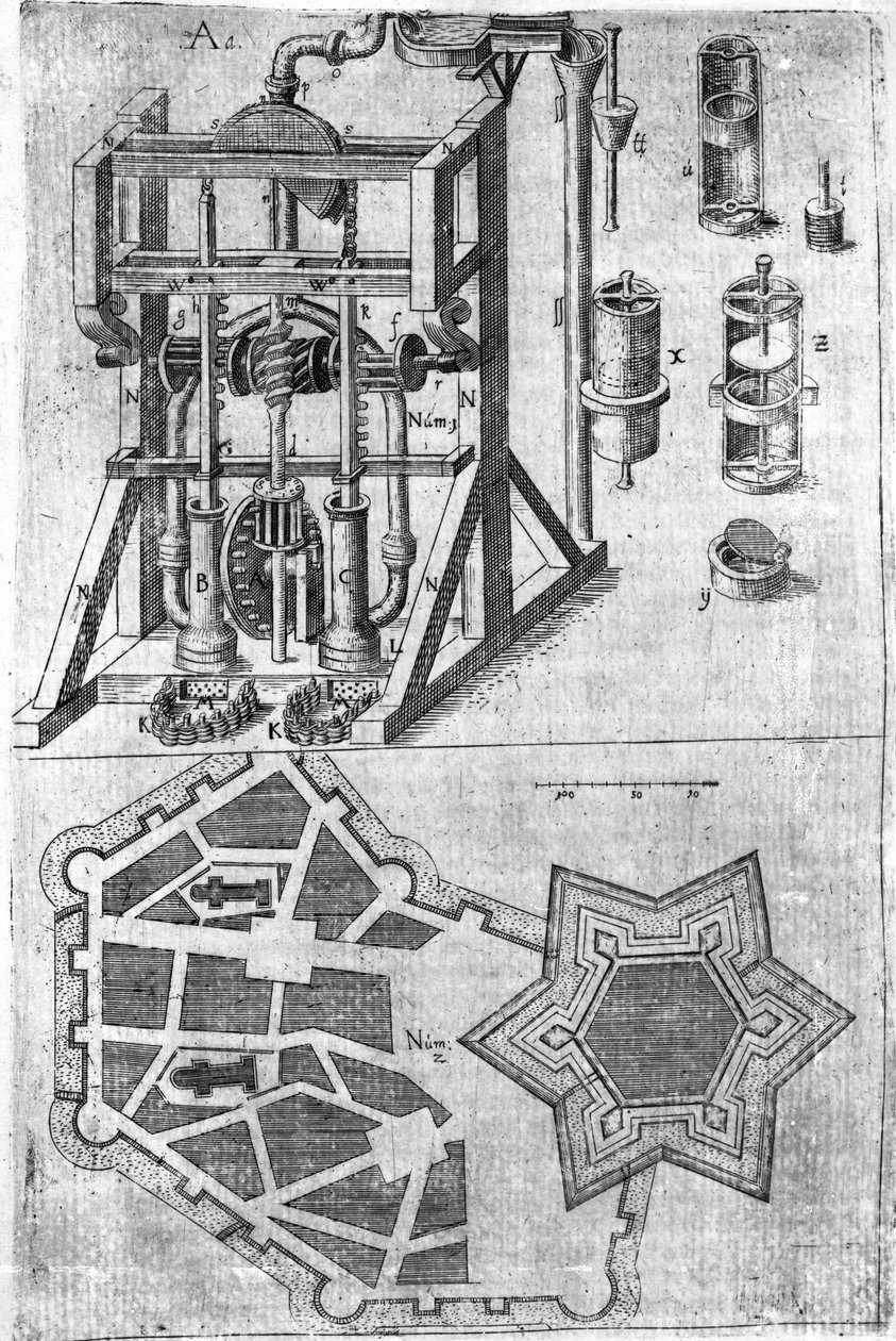 Design para a fortificação da construção Harmony fortalitiorum Defendensis e agredido por Wendelin Schildknecht, pg120, publicado 1652 de German School