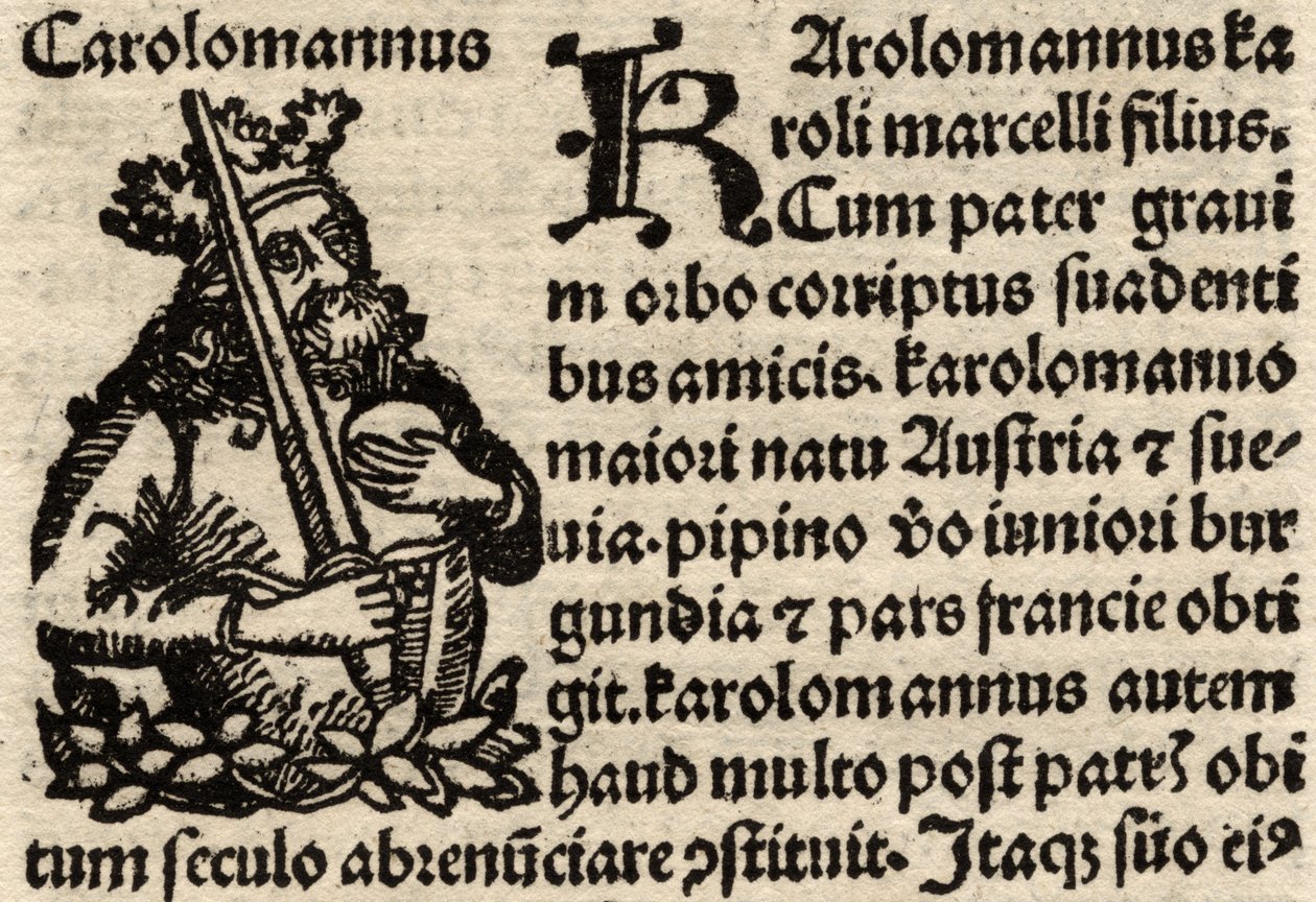 Detalhe de uma folha original incunable, retratando Charlemagne (742-814) pré-1500 (veja também 237071) de German School