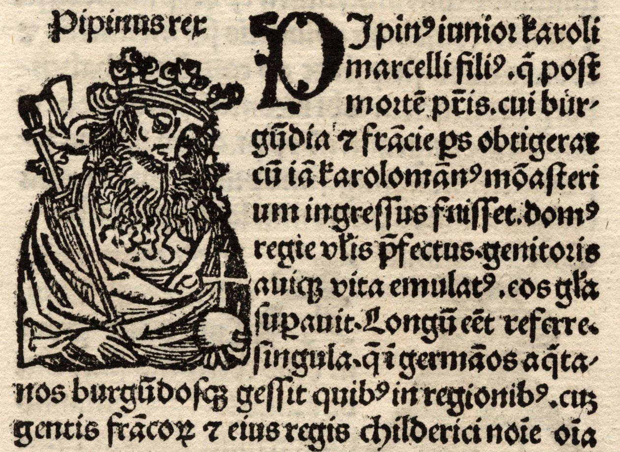 Detalhe da folha original incunable, descrevendo Pepino I (803-38) pre 1500 (veja também 237070) de German School