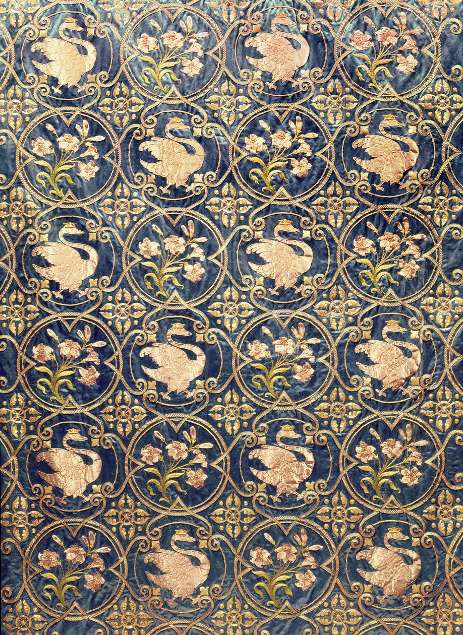 Detalhe, de, um, cortina, decorado, com, cisnes, e, fleur-de-lys de German School
