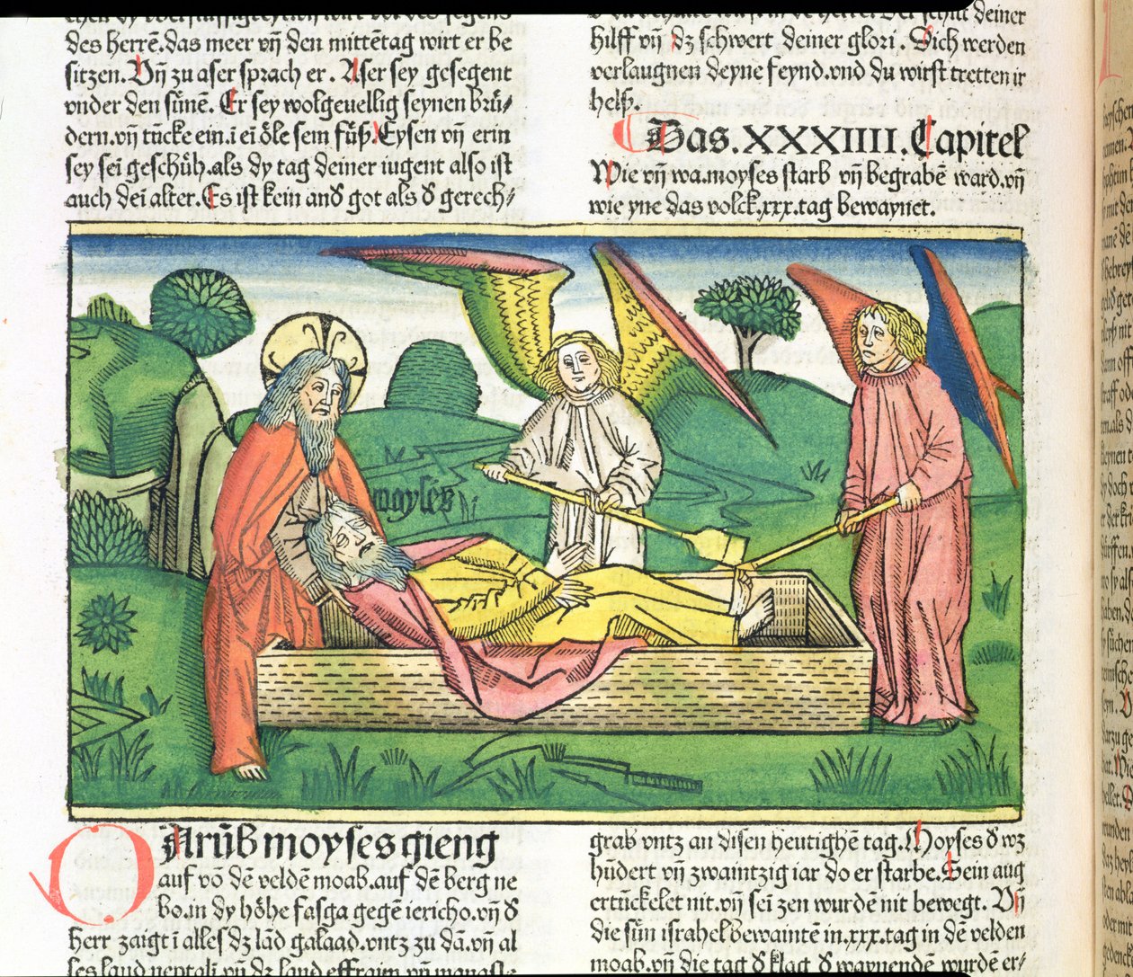 Deuteronômio 34 Morte de Moisés, da Bíblia de Nuremberg (Biblia Sacra Germanaica) (xilogravura colorida) de German School
