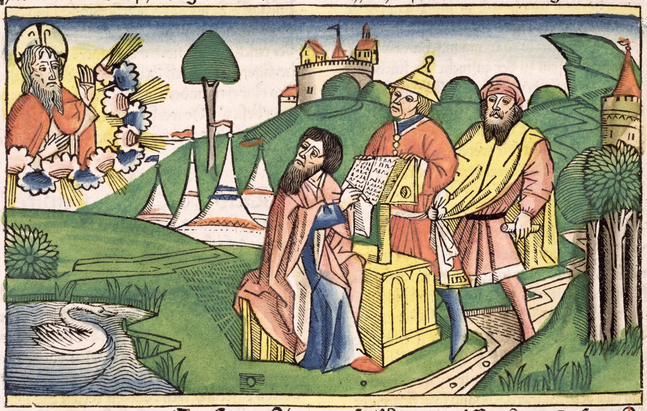 Deuteronômio: Frontispício no qual Deus faz as leis, da Bíblia de Nuremberg (Biblia Sacra Germanaica) (xilogravura colorida) de German School