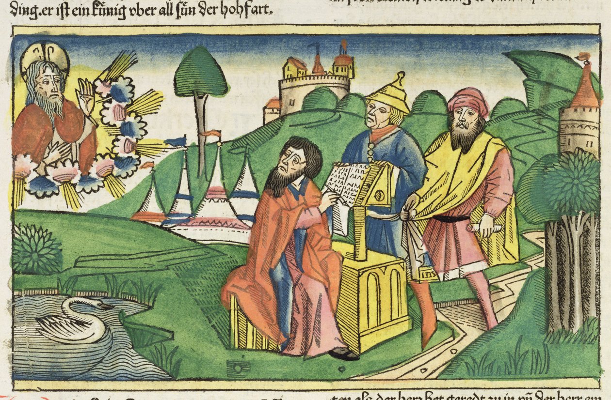 Deuteronômio: Frontispício no qual Deus faz as leis, da Bíblia de Nuremberg (Biblia Sacra Germanaica) (xilogravura colorida) de German School