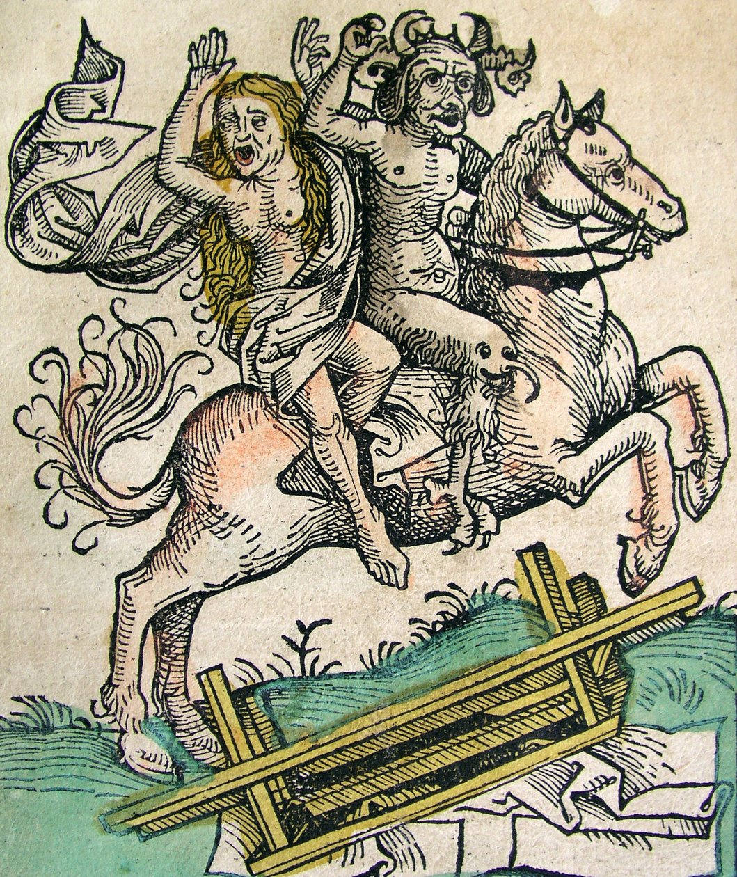Diabo e uma mulher a cavalo, publicado no Nuremberg Chronicle, 1493 de German School