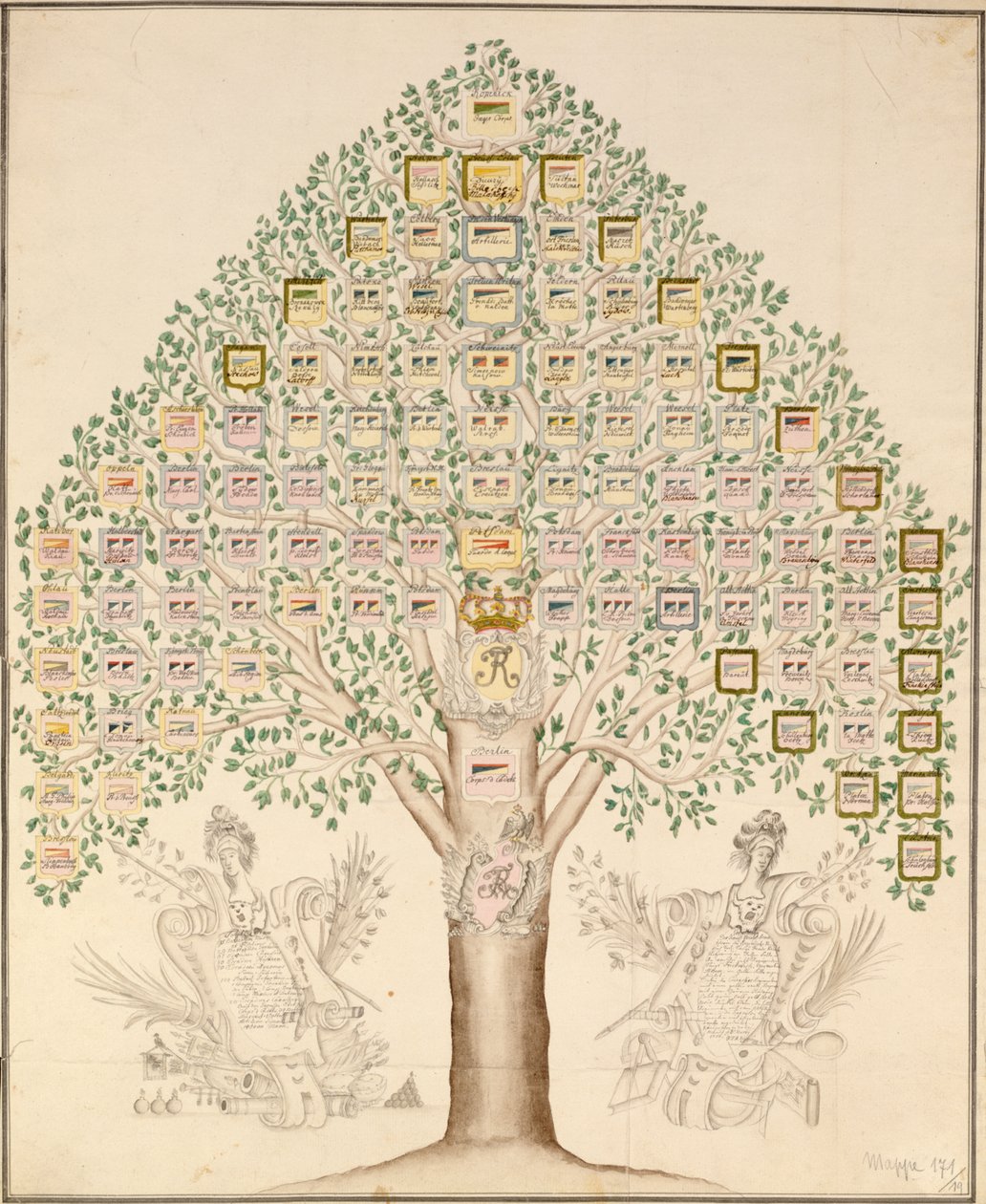Diagrama das 97 estações dos regimentos que compunham o Exército Real da Prússia, 1756 (caneta, tinta e wc no papel) de German School