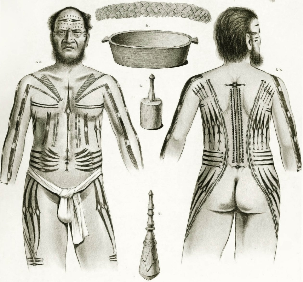 Diagrama mostrando vários artefatos polinésios e desenhos de tatuagens, 1888 de German School