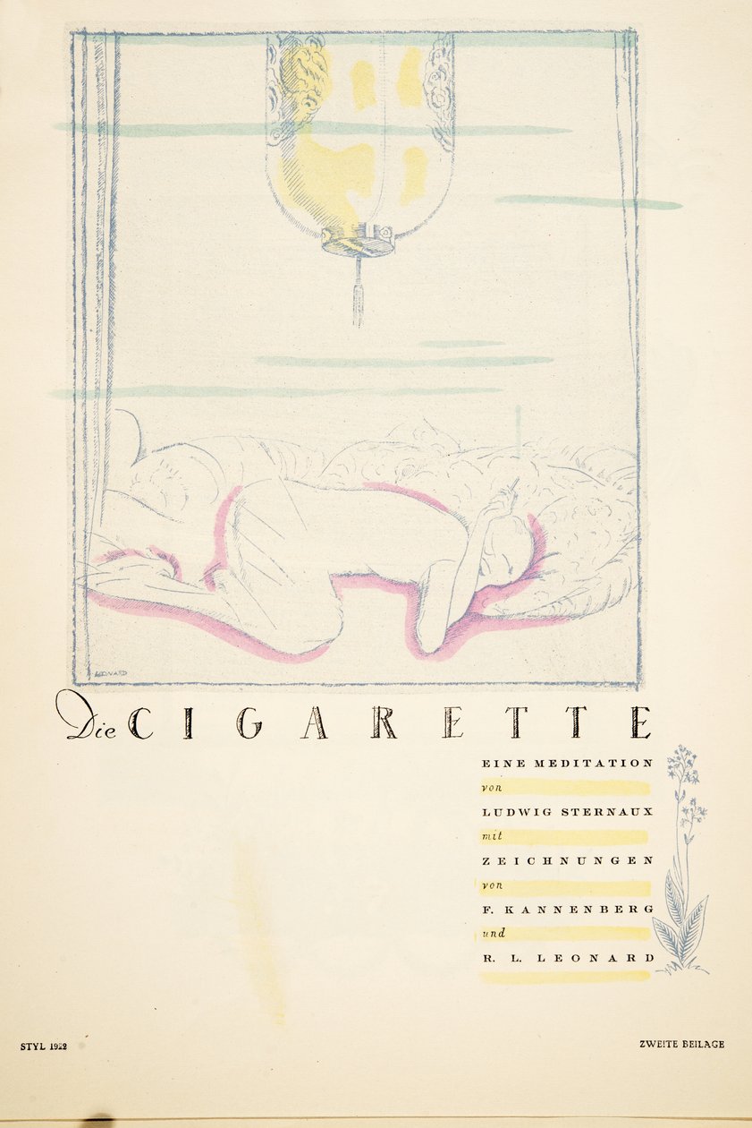 Die Cigarette eine Meditation, de Styl, pub.1922 (gravura em pochoir) de German School