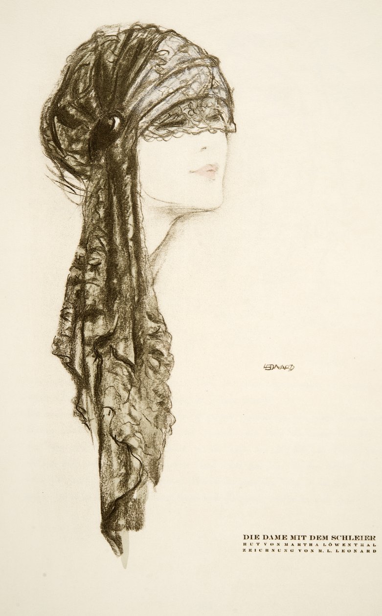 Die Dame mit dem Schleier, chapéu de Martha Lowenthal, de Styl, pub.1922 (gravura em pochoir) de German School