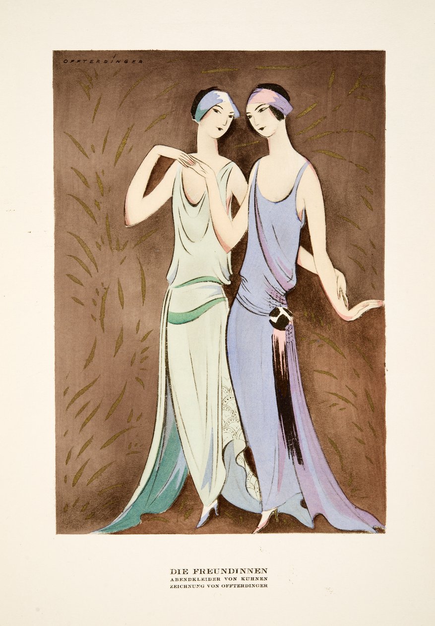 Die Freundinnen, vestidos de Kuhnen, de Styl, pub.1922 (gravura em pochoir) de German School
