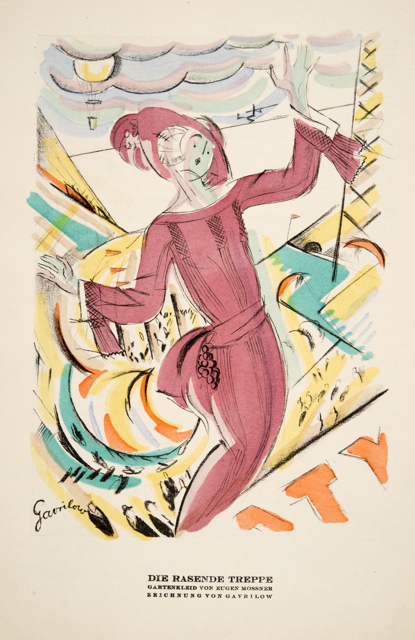 "Die Rasende Treppe", anúncio de um vestido de Eugen Mossner, de Styl, pub.1922 (gravura em pochoir) de German School