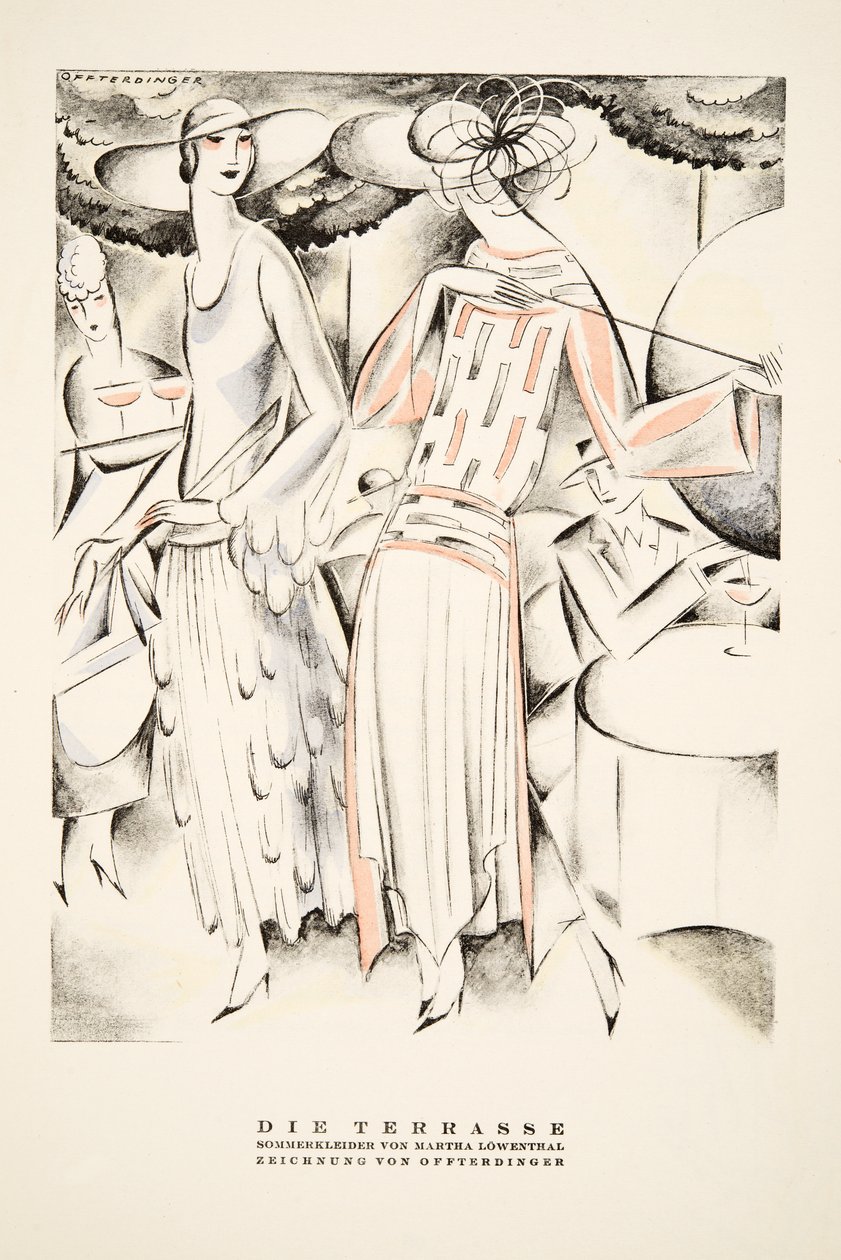 Anúncio "Die Terrasse" para vestidos de verão de Martha Lowenthal, de Styl, pub.1922 (impressão em pochoir) de German School