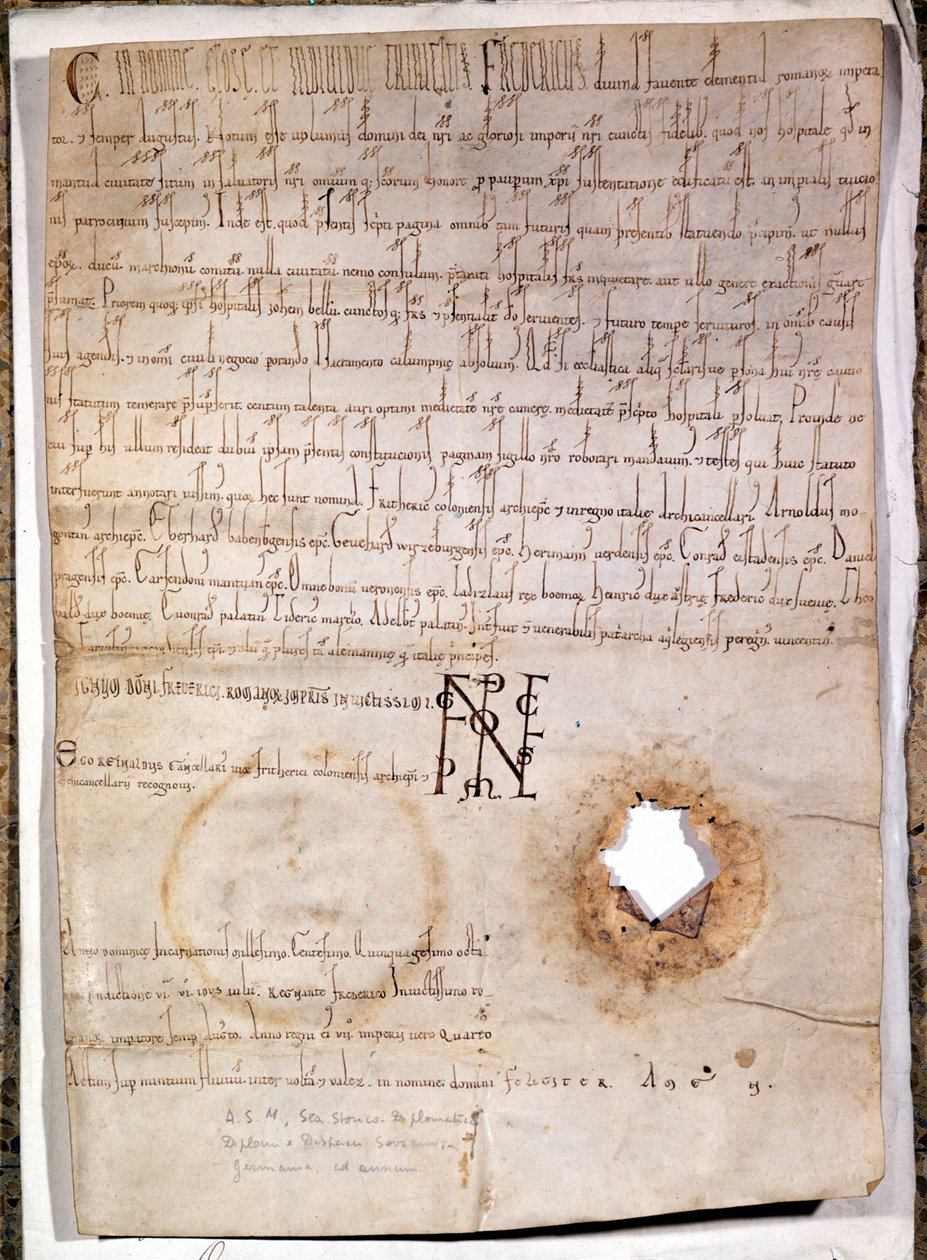 Diploma para o hospital de Mântua, datado de 10 de Julho de 1158. O documento é assinado pelo imperador alemão Frederick I Barberossa (1122 - 1190). Arquivo Nacional de Milão. de German School