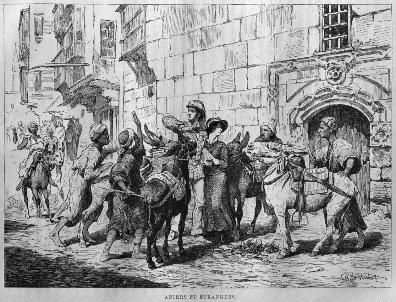 Motoristas de burro e turistas, de LEgypte de Georg Moritz Ebers (1837-98), 1881 (gravura bw) de German School