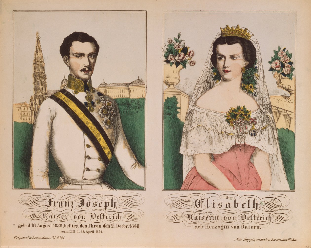 Retrato duplo do imperador Franz Joseph I da Áustria e Imperatriz Elizabeth de Neuruppiner Bilderbogen, 1854 de German School