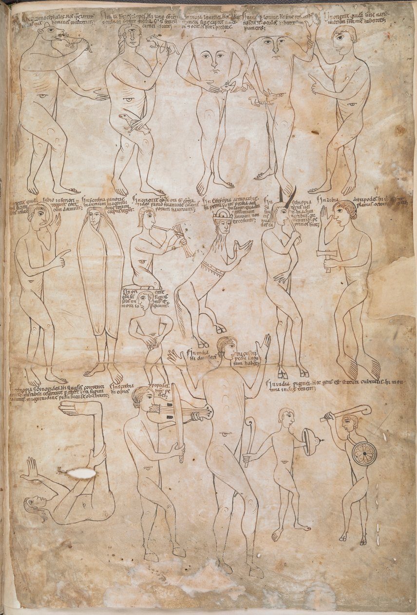 Desenhos das dezessete raças monstruosas, incluindo gigantes, pigmeus, blemmyae e donestre, ilustração de 