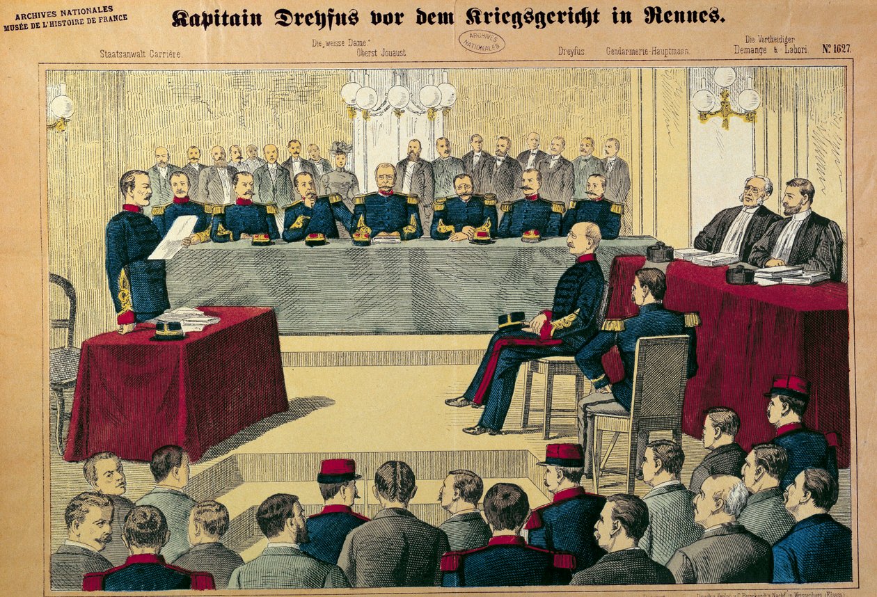 Caso Dreyfus: o julgamento em revisão do Capitão Dreyfus (1859-1923) Ilustração da imprensa alemã de German School