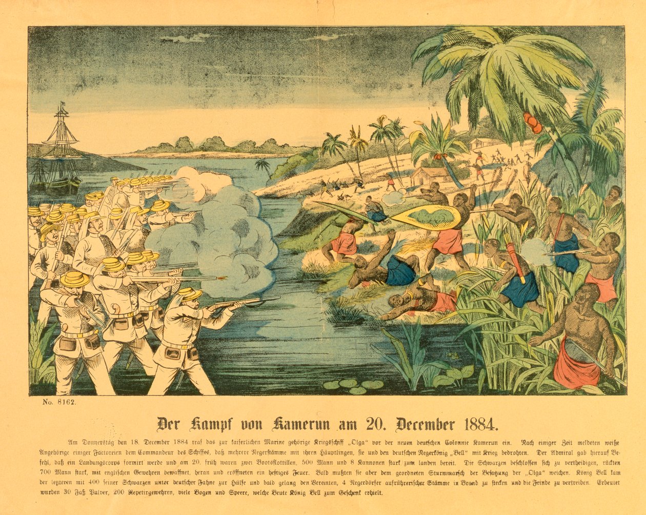 Revolta de Duala nos Camarões alemães, com o SMS Olga no fundo, 20 de dezembro de 1884, 1884 de German School