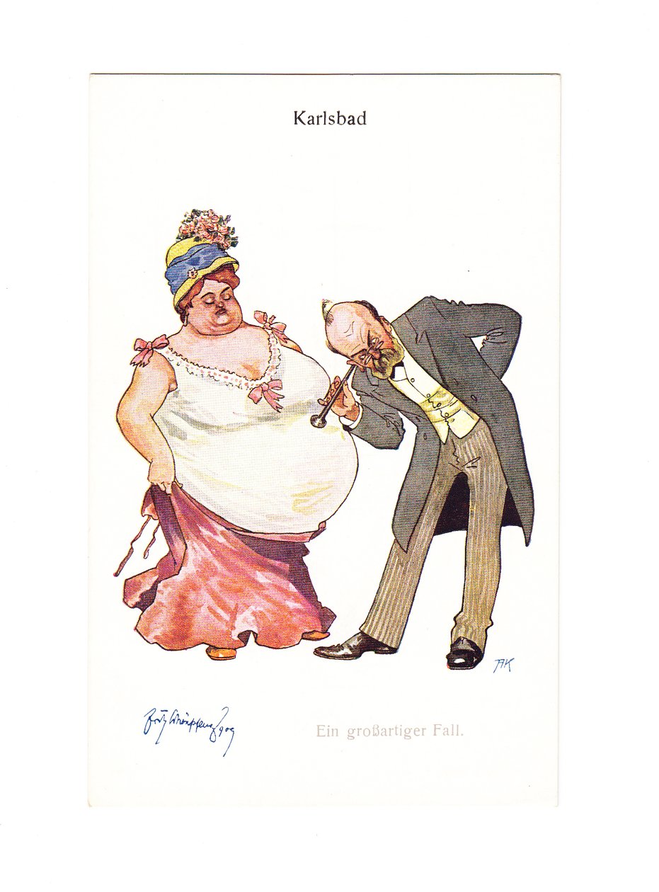 Cartão postal humilde eduardiano de um médico com seu auricular para a barriga de uma mulher muito gorda, c.1910 (cor litho) de German School