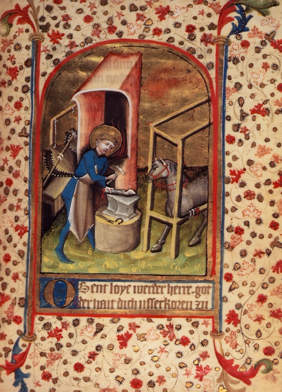 Egerton 859 fol.17 St. Eligius (588-660) calçar um cavalo, de "Orações aos Santos" (vellum) de German School