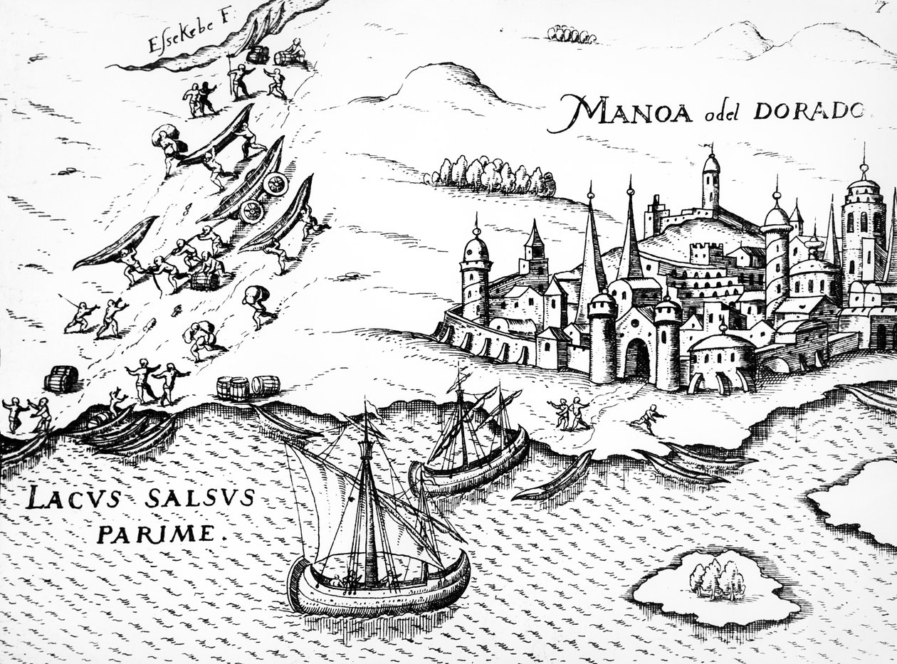 Eldorado, ilustração de Regni Guianae, por G. Raleigh, 1594-96 de German School
