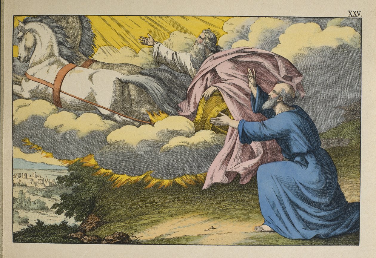 Elias sobe ao céu em um redemoinho, deixando seu discípulo Eliseu para continuar seu trabalho, ilustração de LAncien Testament, publicado por Jakob Ferdinand Schreiber, Esslingen (gravura colorida) de German School
