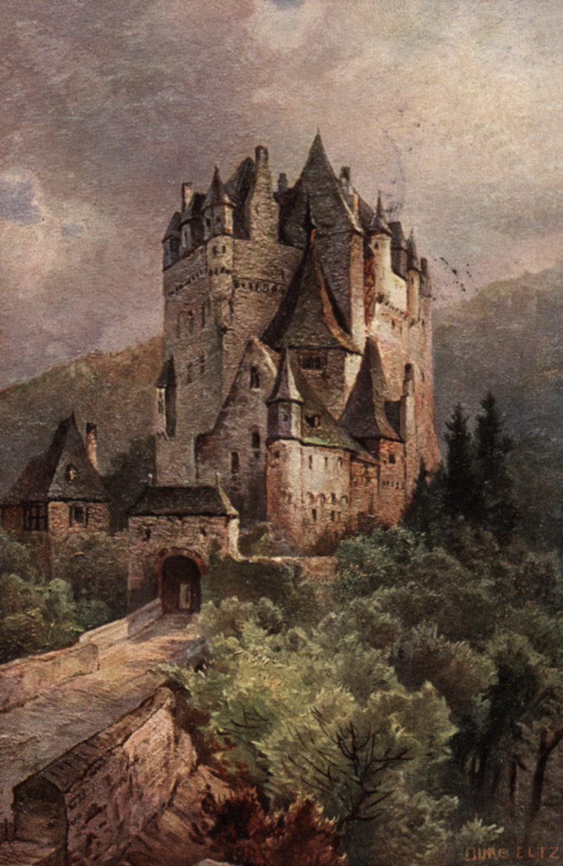 Castelo de Eltz, Vale do Mosela, Alemanha (litografia a cores) de German School
