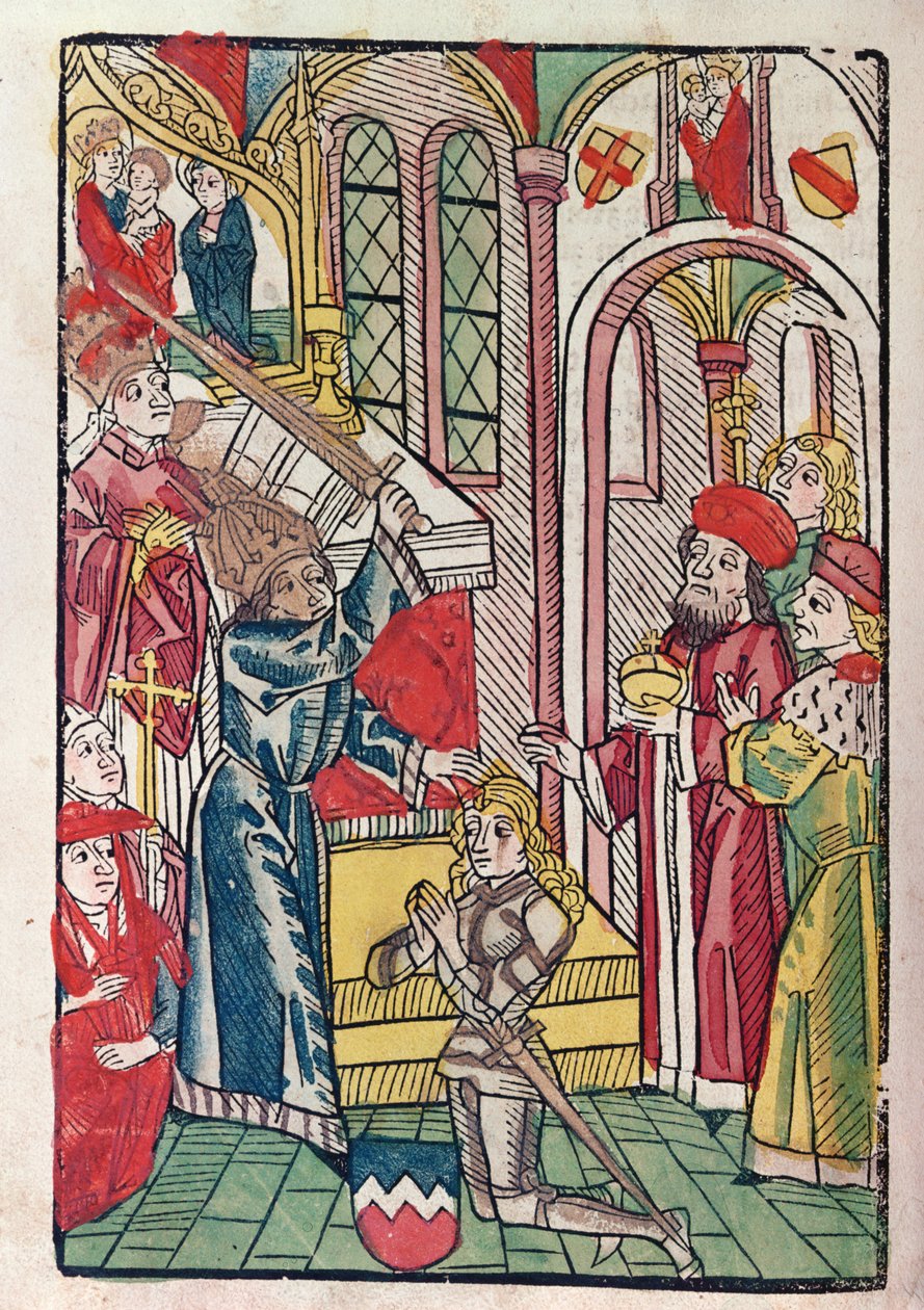 Imperador Sigismund (1367-1437) de Luxemburgo, dublando um cavaleiro (cor xilogravura) de German School
