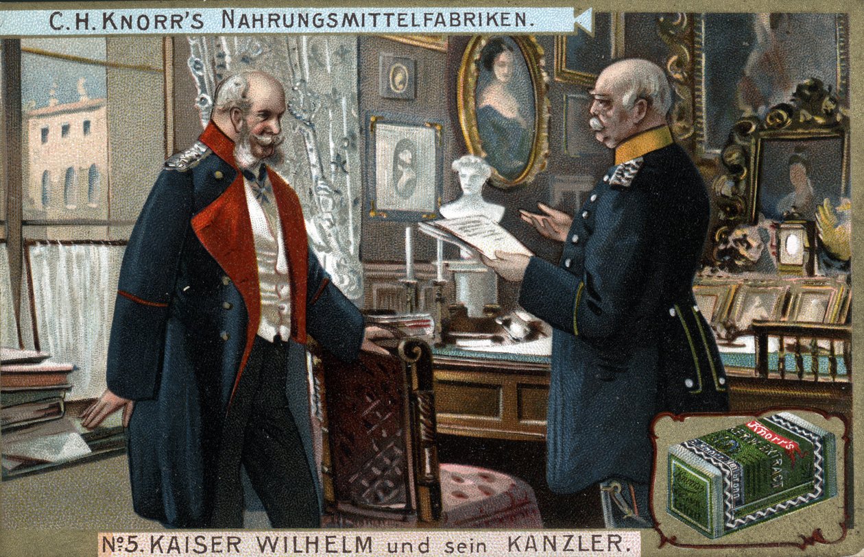 O Imperador Guilherme I da Alemanha e da Prússia (1797-1888) e o Chanceler Otto von Bismarck (1815-1898) discutem questões políticas. Cromolitografia, final do século XIX. de German School