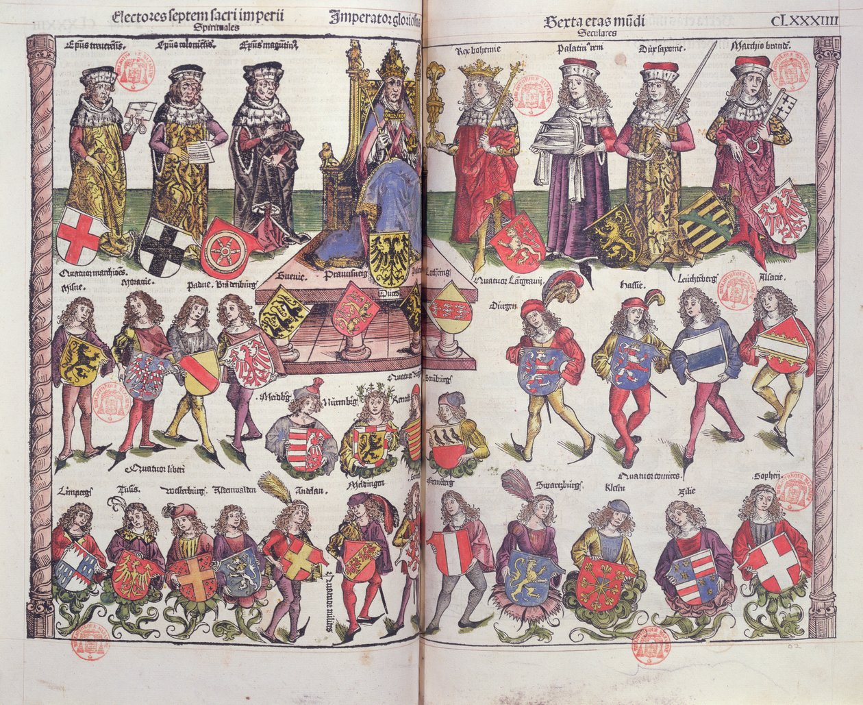 Imperador e eleitores do Sacro Império Romano com vinte e quatro fidalgos alemães apresentando os seus brasões de armas de German School