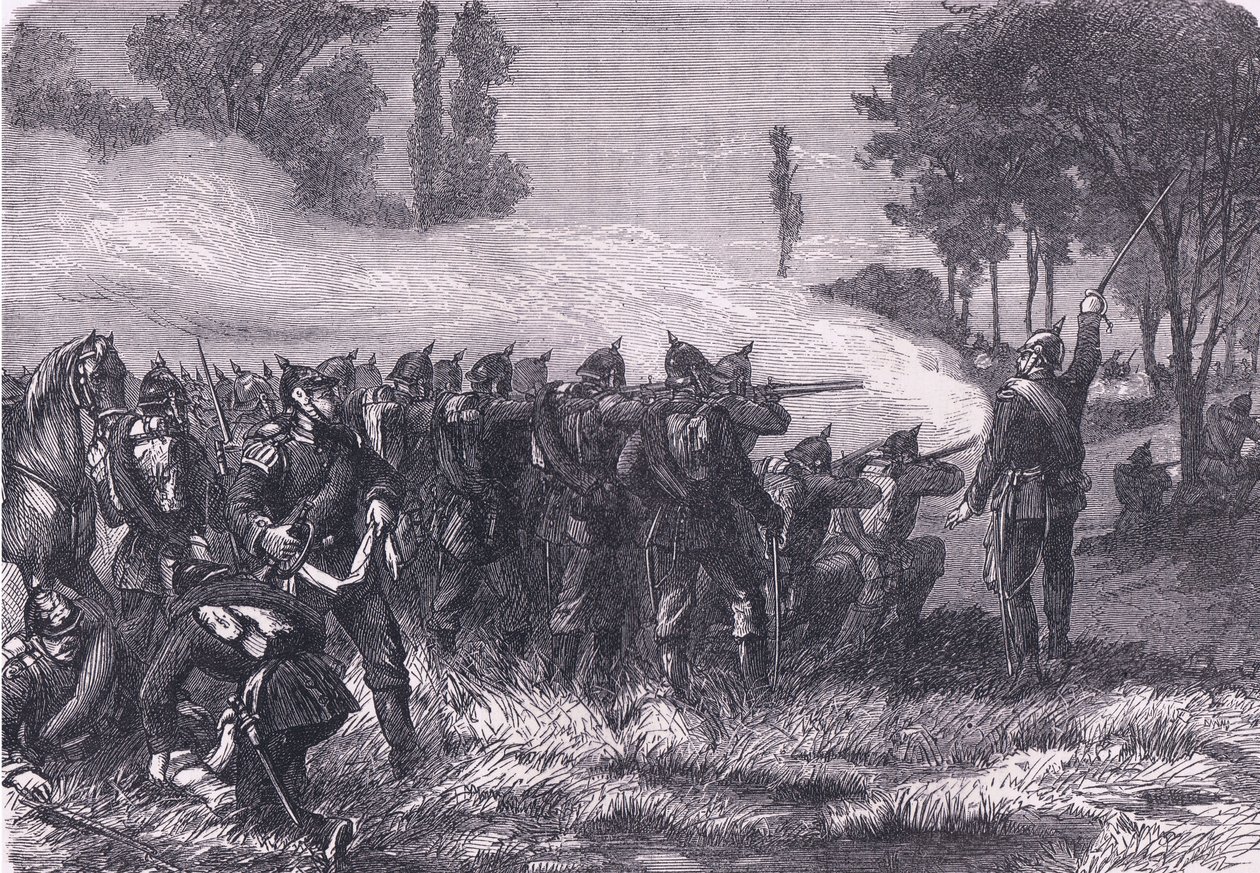 Encontro na floresta antes de Metz, Cassells História da Guerra entre a França e a Alemanha publicado por Cassell and Company Limited, c.1890 (litho) de German School