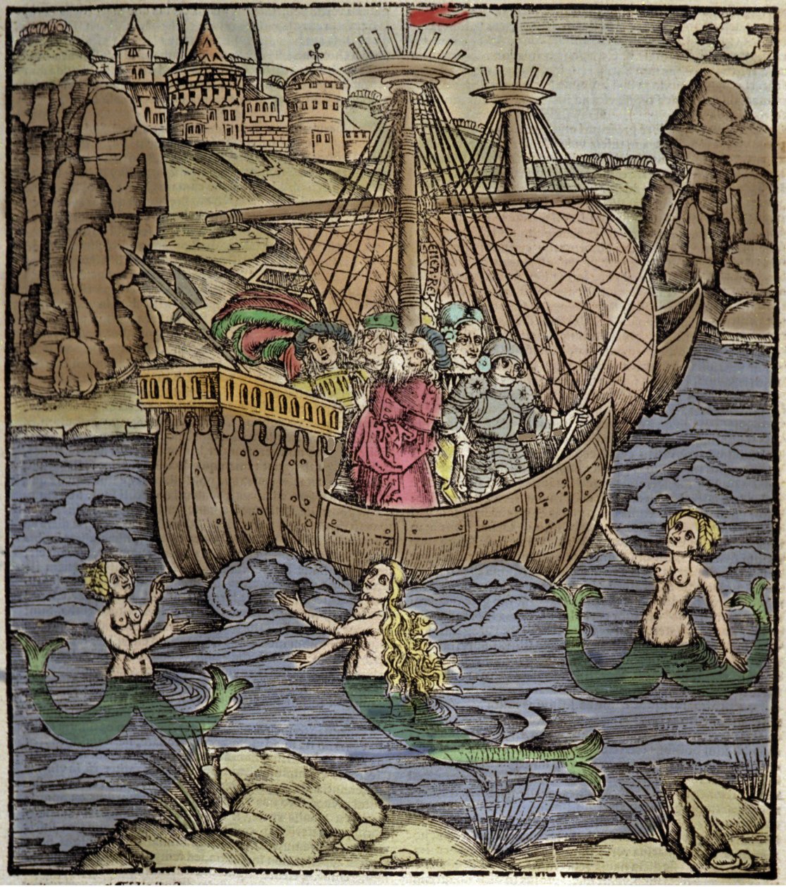 Eneide de Virgil (70 a.C.-19 a.C.), o herói troiano Enee e seus companheiros atravessam um mar cheio de sirenes. Xilografia de Sebastian Brant (1458-1521). Estrasburgo de German School