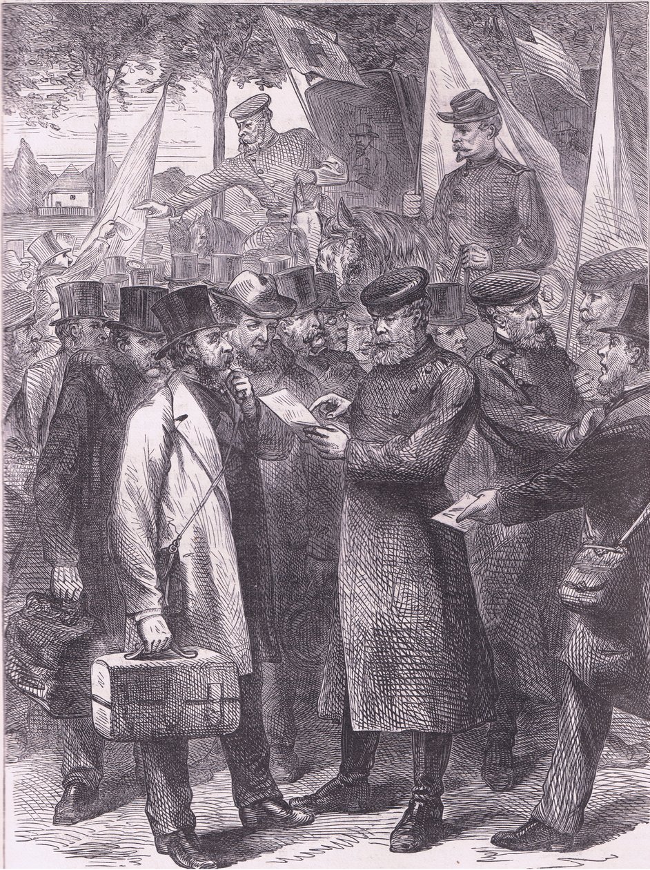Residentes ingleses que deixam Paris, Cassells History of the War between France and Germany publicado por Cassell and Company Limited, c.1890 (litho) de German School