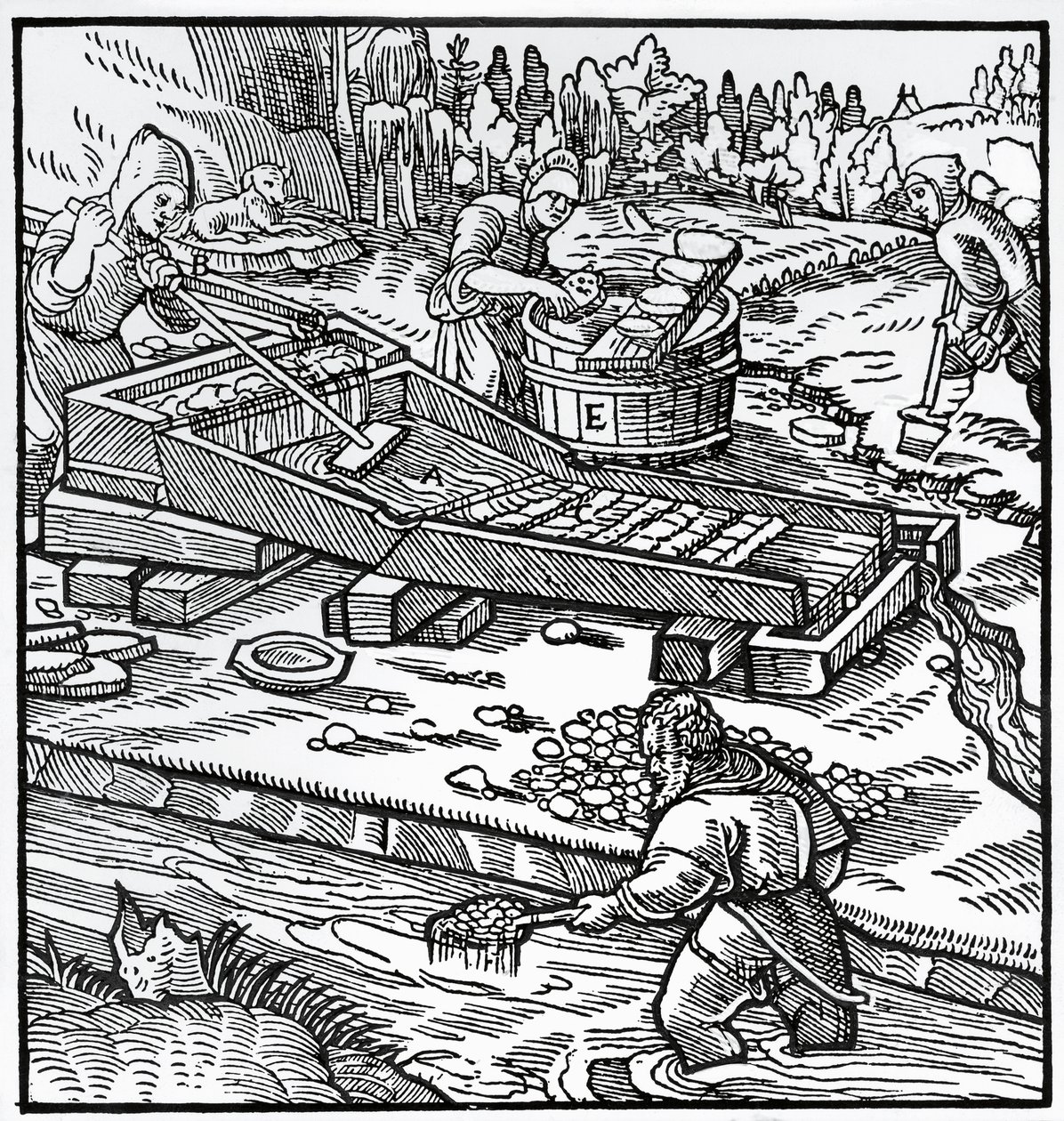 Gravura de De re metallica (Sobre a natureza dos metais), por Georg Pawer ou Georgius Agricola (1494-1555) de German School