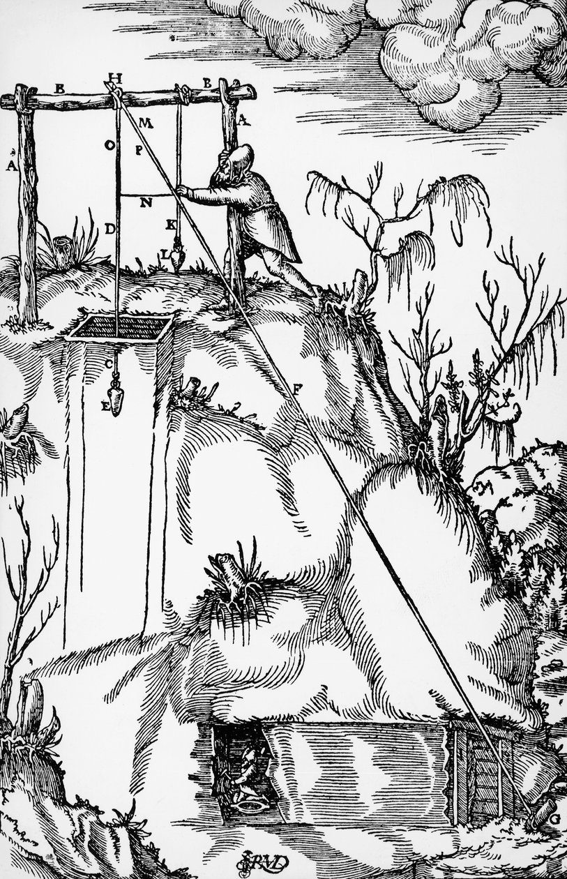 Gravura de De re metallica (Sobre a natureza dos metais), de Georg Pawer ou Georgius Agricola (1494-1555), publicado em Basileia de German School