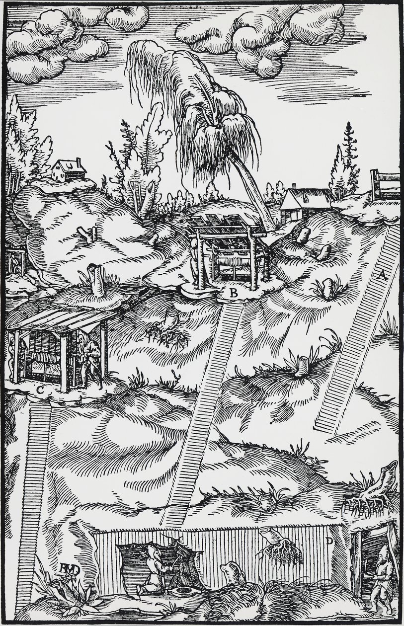 Gravura de De re metallica (Sobre a natureza dos metais), de Georg Pawer ou Georgius Agricola (1494-1555), publicado em Basileia de German School