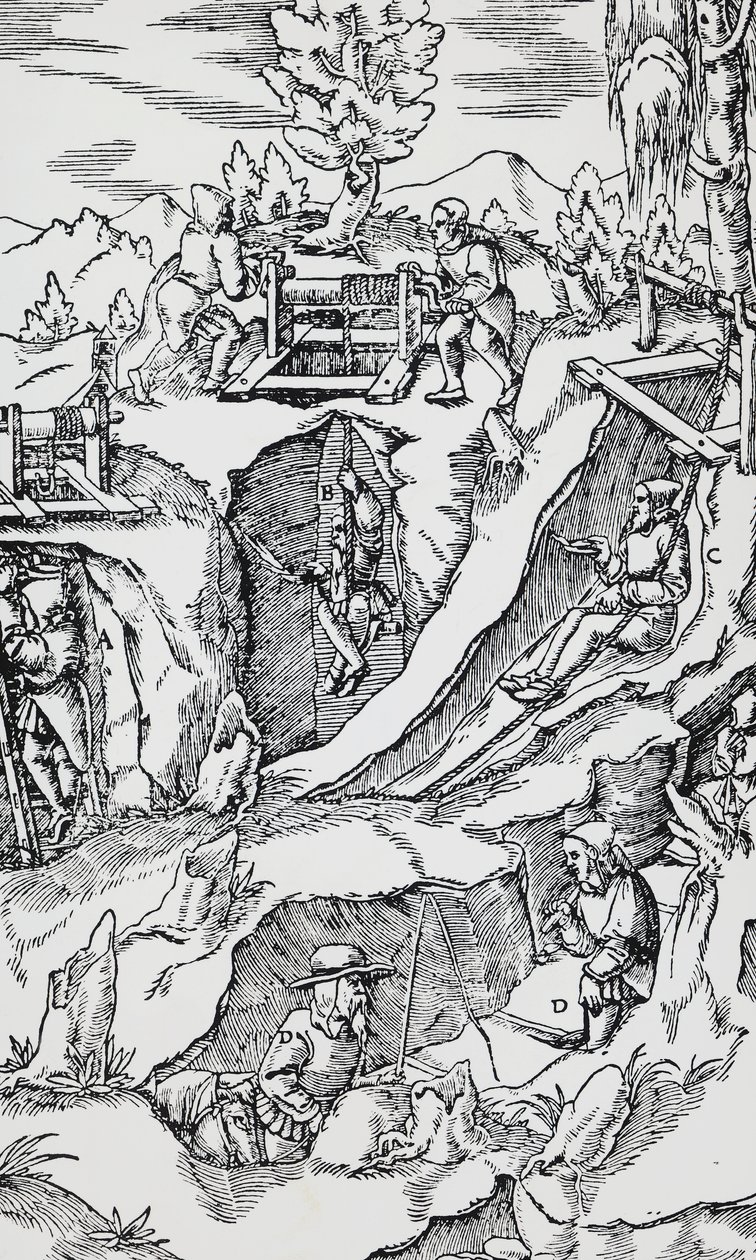 Gravura de De re metallica (Sobre a natureza dos metais), de Georg Pawer ou Georgius Agricola (1494-1555), publicado em Basileia de German School
