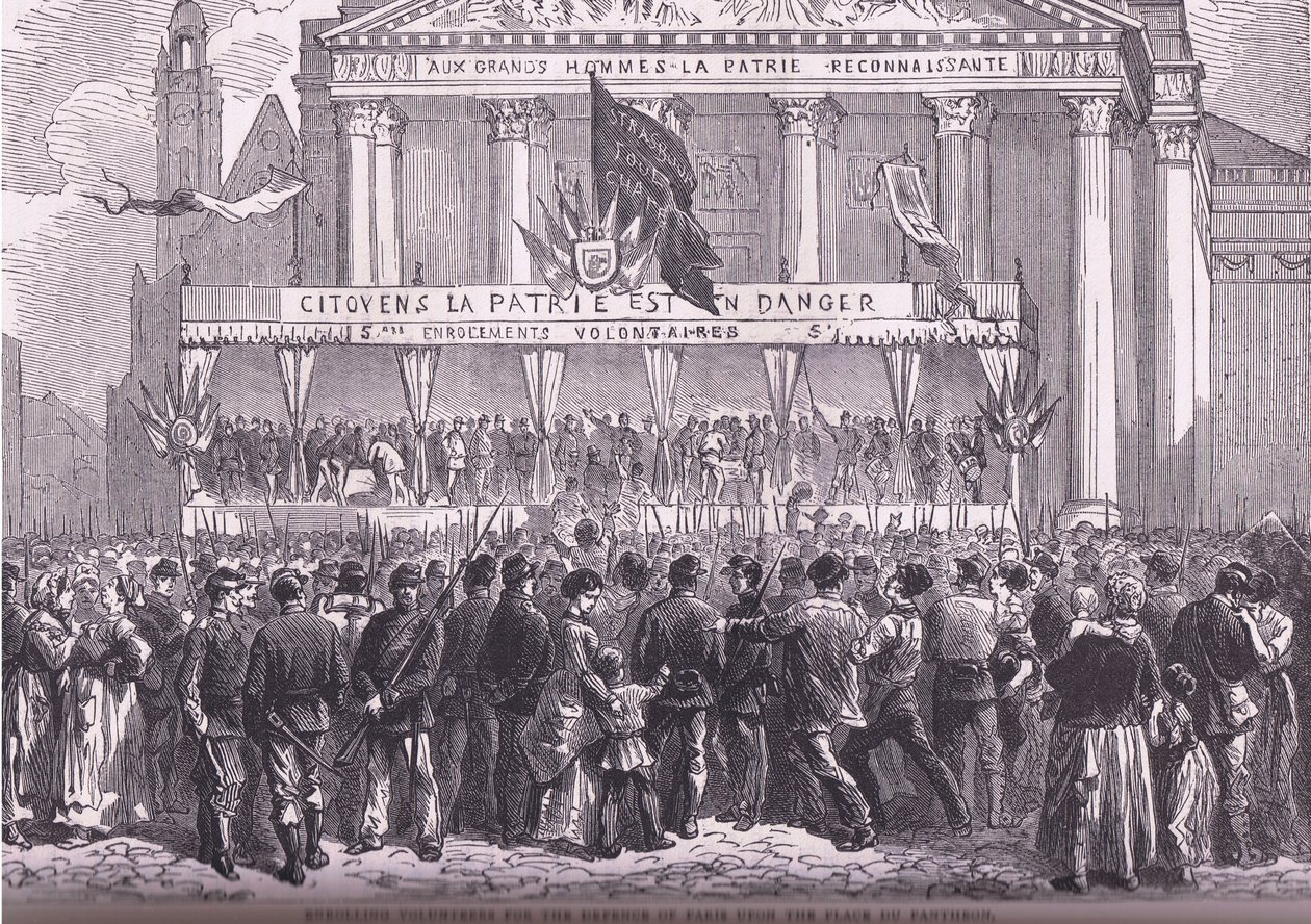 Inscrição de voluntários para a defesa de Paris, Cassells História da Guerra entre a França e a Alemanha publicado por Cassell and Company Limited, c.1890 (litho) de German School