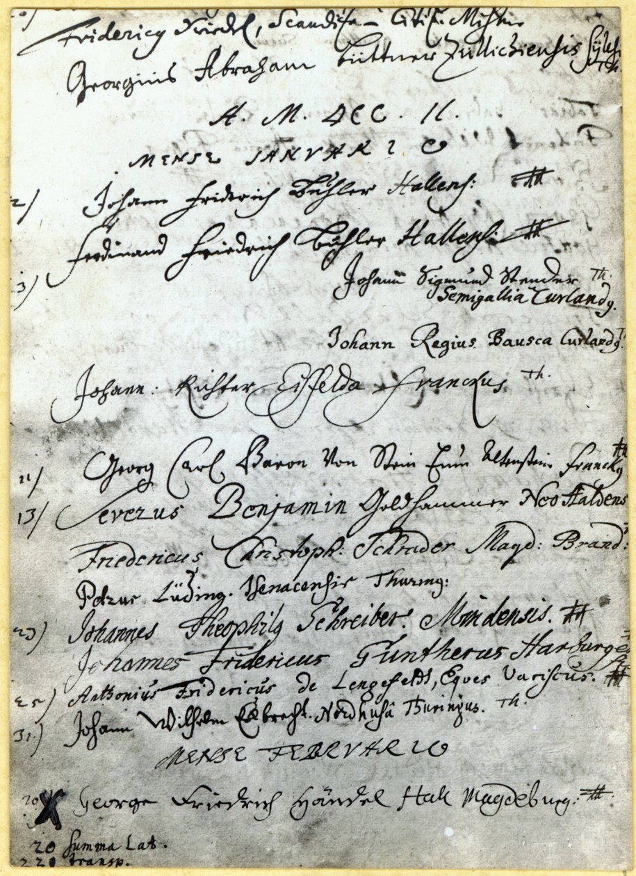 Entrada nos registros da Universidade de Halle, mostrando o nome de Handel, 1702 de German School