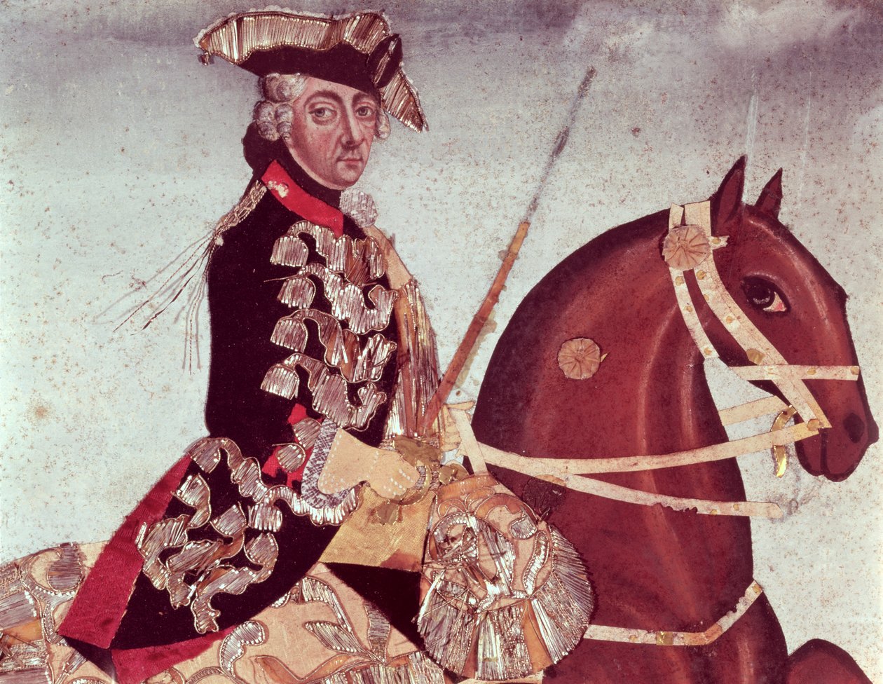 Retrato equestre do rei Frederico, o Grande da Prússia (1712-86) (wc e fio de ouro sobre papel) de German School