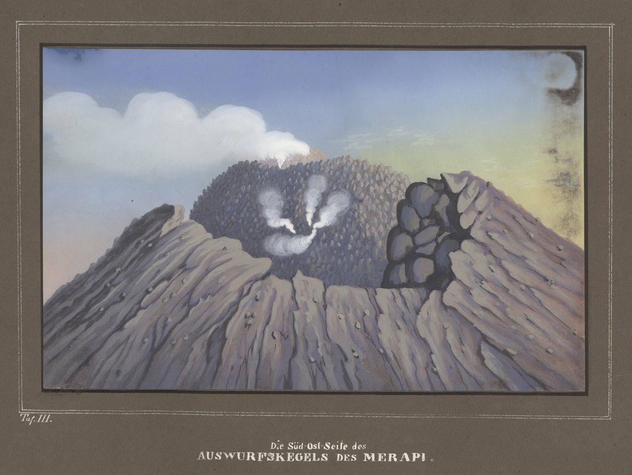 Erupção do Monte Merapi, Pl. III, Atlas Topográfico e Científico sobre a Jornada através de Java, por Dr.Fr.Junghuhn, Magdeburg 1845 de German School